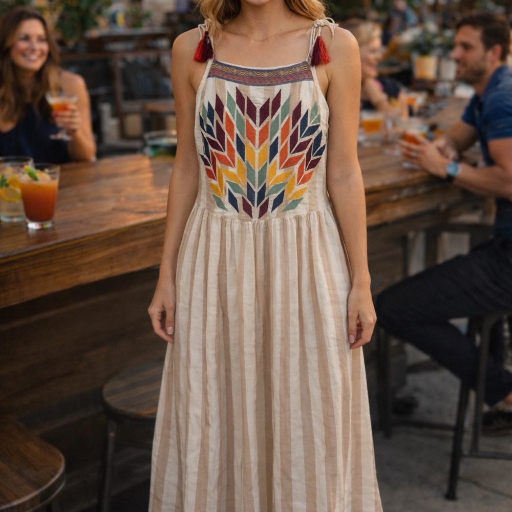 Anthropologie Beige Maxi Dress with Multicolor Embroidered Chevron